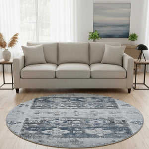 HomeRoots 8' Blue Ivory and Gray Southwestern Washable Round Rug – Durable, UV Protected, Easy-Care Design for Homes 696425