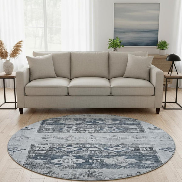 HomeRoots 8' Blue Ivory and Gray Southwestern Washable Round Rug – Durable, UV Protected, Easy-Care Design for Homes 696425