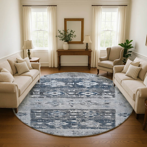 HomeRoots 8' Blue Ivory and Gray Southwestern Washable Round Rug – Durable, UV Protected, Easy-Care Design for Homes 696425