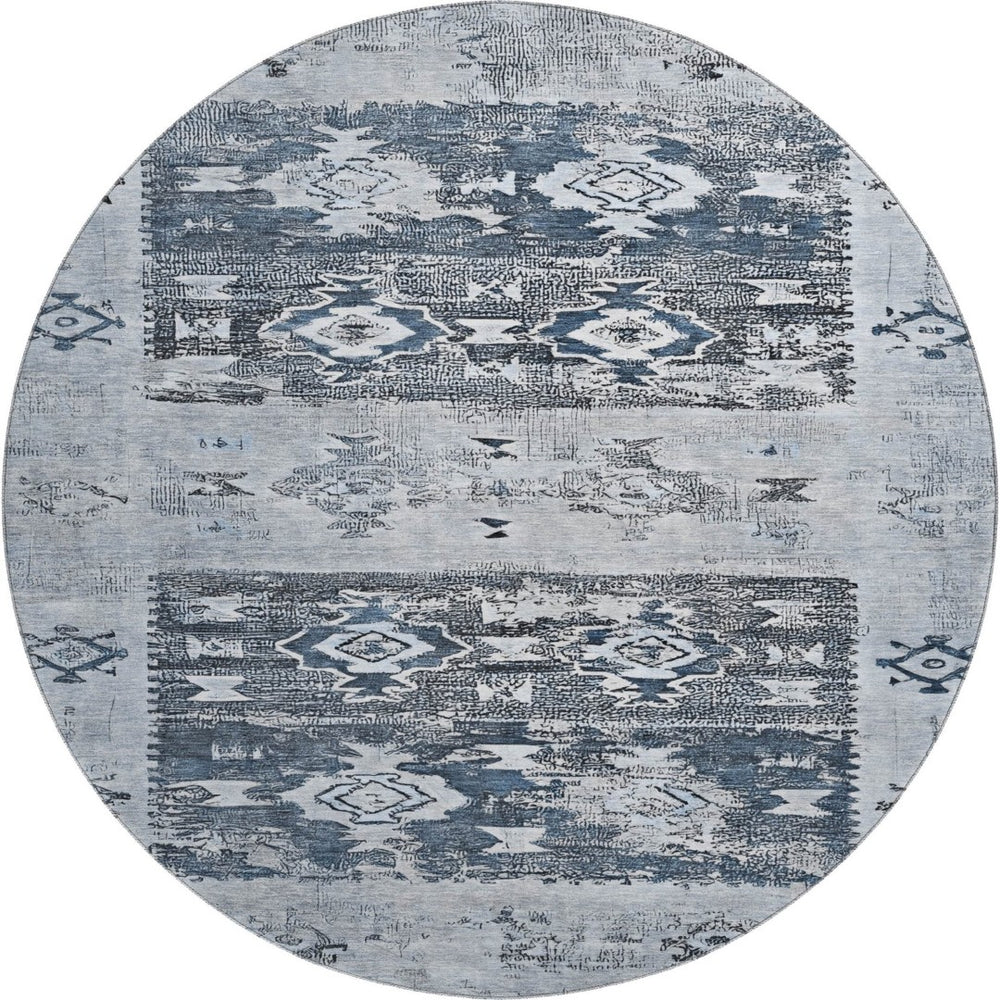HomeRoots 8' Blue Ivory and Gray Southwestern Washable Round Rug – Durable, UV Protected, Easy-Care Design for Homes 696425