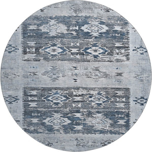 HomeRoots 8' Blue Ivory and Gray Southwestern Washable Round Rug – Durable, UV Protected, Easy-Care Design for Homes 696425