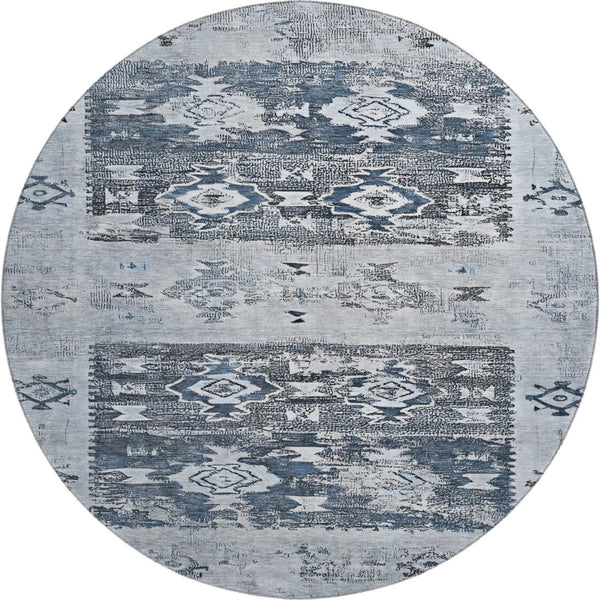HomeRoots 8' Blue Ivory and Gray Southwestern Washable Round Rug – Durable, UV Protected, Easy-Care Design for Homes 696425