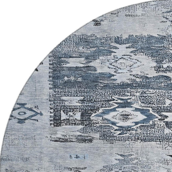 HomeRoots 8' Blue Ivory and Gray Southwestern Washable Round Rug – Durable, UV Protected, Easy-Care Design for Homes 696425