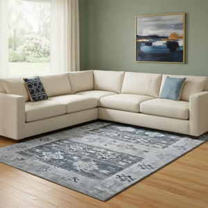 HomeRoots 8' X 10' Southwestern Washable Area Rug in Blue, Ivory & Gray – Stylish, Durable, UV Protected Design 696426