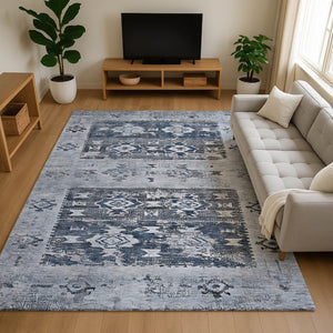 HomeRoots 8' X 10' Southwestern Washable Area Rug in Blue, Ivory & Gray – Stylish, Durable, UV Protected Design 696426