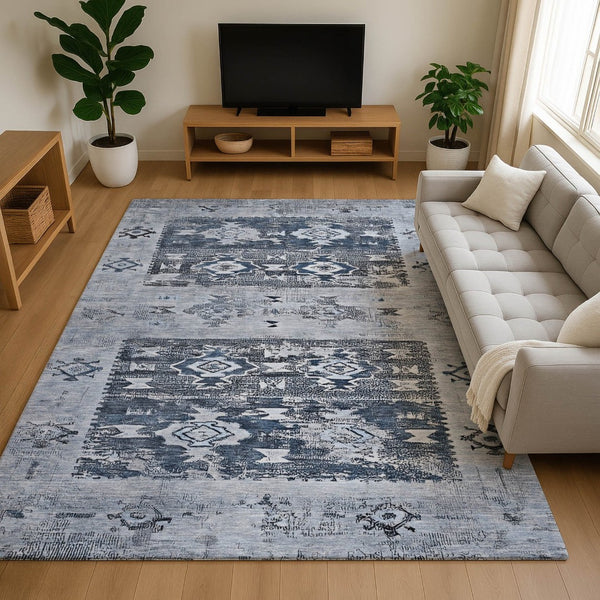 HomeRoots 8' X 10' Southwestern Washable Area Rug in Blue, Ivory & Gray – Stylish, Durable, UV Protected Design 696426