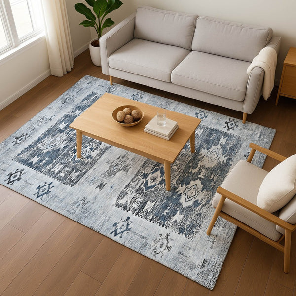 HomeRoots 8' X 10' Southwestern Washable Area Rug in Blue, Ivory & Gray – Stylish, Durable, UV Protected Design 696426