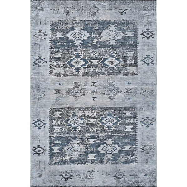 HomeRoots 8' X 10' Southwestern Washable Area Rug in Blue, Ivory & Gray – Stylish, Durable, UV Protected Design 696426