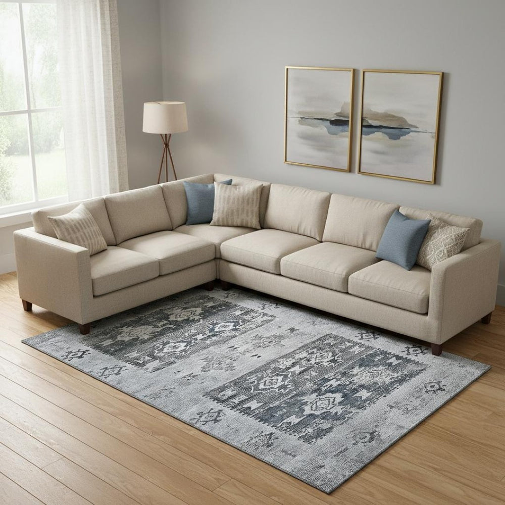 HomeRoots 9' X 12' Southwestern Area Rug - Blue, Ivory & Gray, Washable, UV Protected, Stain Resistant Charm 696427