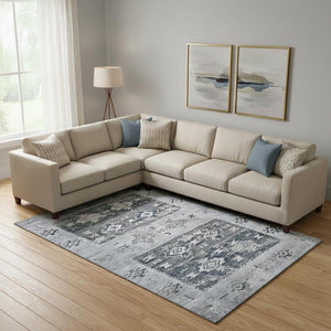 HomeRoots 9' X 12' Southwestern Area Rug - Blue, Ivory & Gray, Washable, UV Protected, Stain Resistant Charm 696427