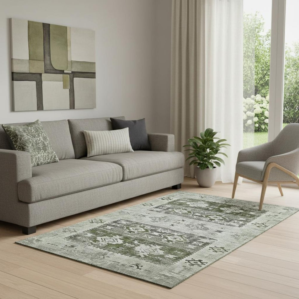 HomeRoots 5' X 8' Olive Green Gray Ivory Southwestern Area Rug - Durable, Washable, UV Protected, Non-Slip Backing 696430
