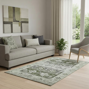 HomeRoots 5' X 8' Olive Green Gray Ivory Southwestern Area Rug - Durable, Washable, UV Protected, Non-Slip Backing 696430