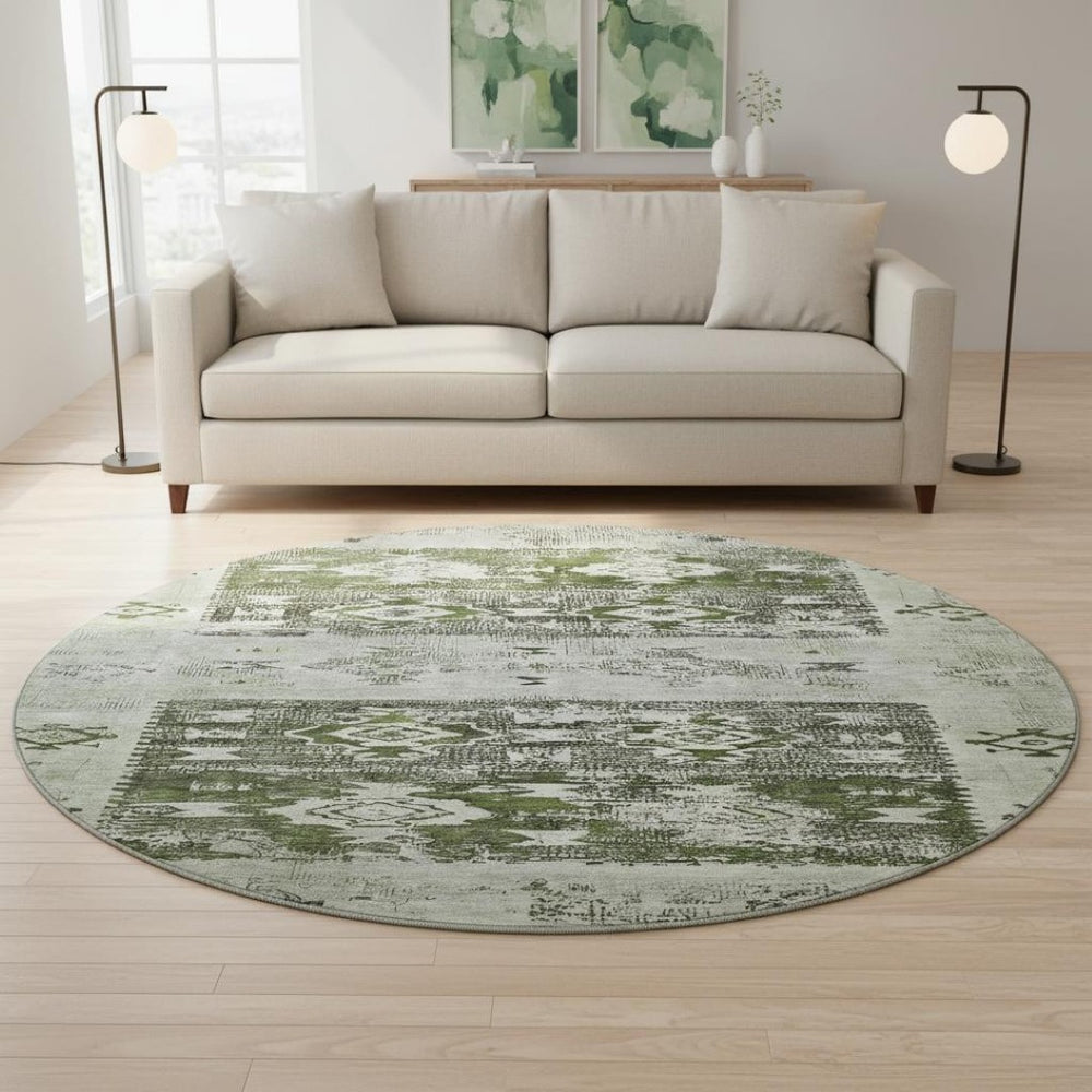 HomeRoots 8' Southwestern Round Rug in Olive Green, Gray & Ivory - Washable, UV Protected & Stylish Design 696431