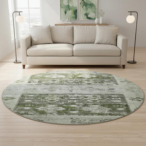 HomeRoots 8' Southwestern Round Rug in Olive Green, Gray & Ivory - Washable, UV Protected & Stylish Design 696431