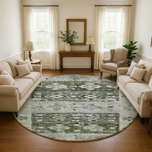 HomeRoots 8' Southwestern Round Rug in Olive Green, Gray & Ivory - Washable, UV Protected & Stylish Design 696431