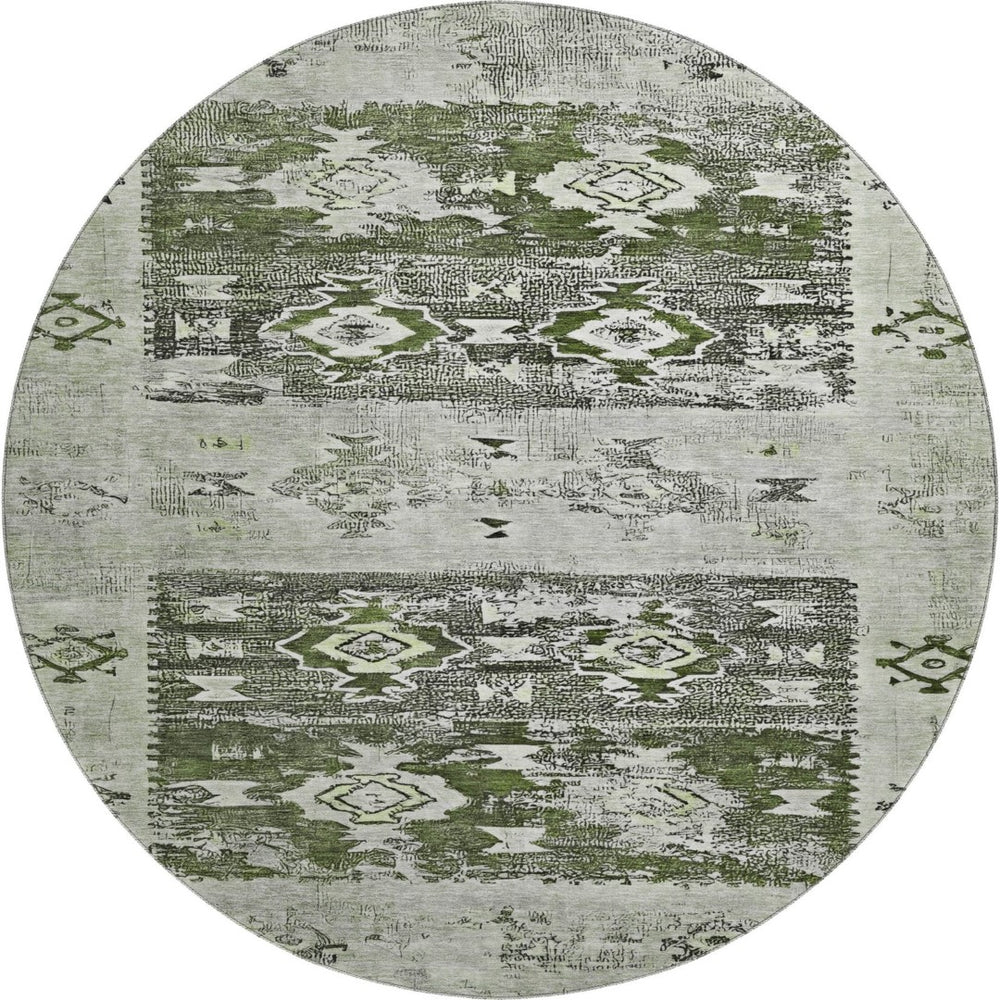 HomeRoots 8' Southwestern Round Rug in Olive Green, Gray & Ivory - Washable, UV Protected & Stylish Design 696431