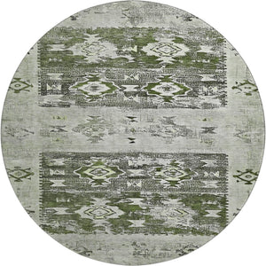HomeRoots 8' Southwestern Round Rug in Olive Green, Gray & Ivory - Washable, UV Protected & Stylish Design 696431