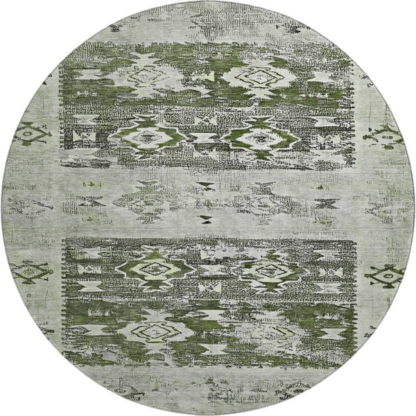 HomeRoots 8' Southwestern Round Rug in Olive Green, Gray & Ivory - Washable, UV Protected & Stylish Design 696431