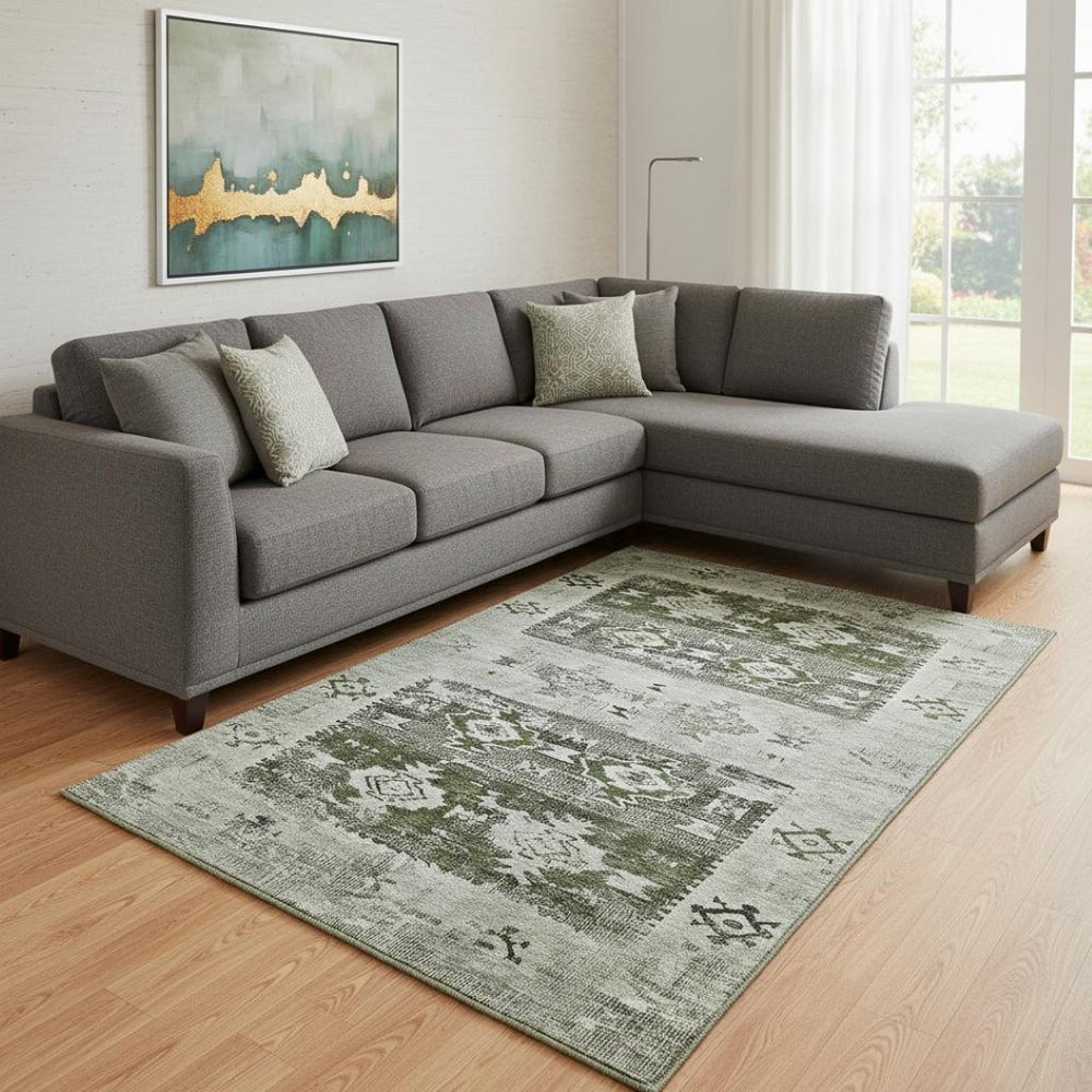 HomeRoots 8' X 10' Southwestern Area Rug in Olive Green, Gray & Ivory - Washable, UV Protected, Kid & Pet Friendly 696432