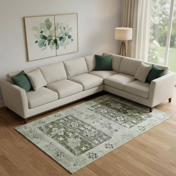 HomeRoots 9' Southwestern Area Rug in Olive Green, Gray & Ivory - Washable, UV Protected & Stain Resistant! 696433