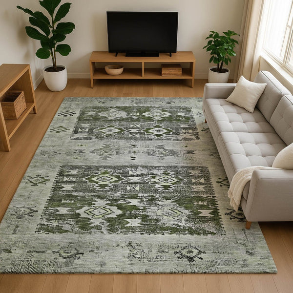 HomeRoots 9' Southwestern Area Rug in Olive Green, Gray & Ivory - Washable, UV Protected & Stain Resistant! 696433