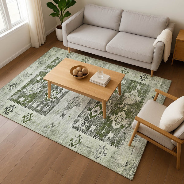 HomeRoots 9' Southwestern Area Rug in Olive Green, Gray & Ivory - Washable, UV Protected & Stain Resistant! 696433