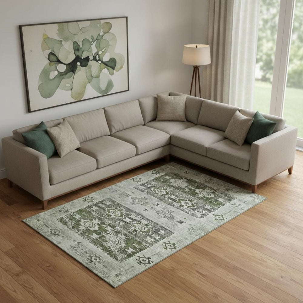 HomeRoots 10' Olive Green Gray Ivory Southwestern Area Rug – Washable, UV Protected, Durable for Pets & Kids! 696434