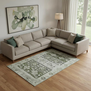 HomeRoots 10' Olive Green Gray Ivory Southwestern Area Rug – Washable, UV Protected, Durable for Pets & Kids! 696434