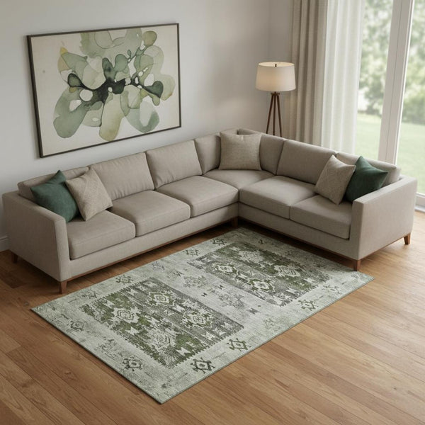 HomeRoots 10' Olive Green Gray Ivory Southwestern Area Rug – Washable, UV Protected, Durable for Pets & Kids! 696434