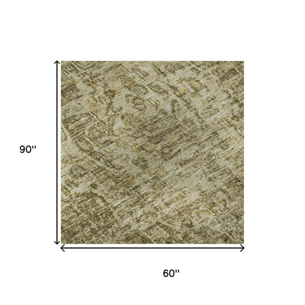 HomeRoots 5' X 8' Brown And Beige Floral Medallion Area Rug | Washable, UV Protected, Non-Slip Backing 696436