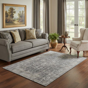 HomeRoots 5' X 8' Charcoal Gray & Silver Floral Medallion Rug – Washable, UV-Protected & Stain-Resistant Design 696442