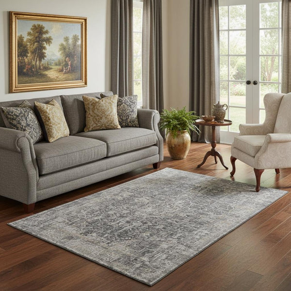 HomeRoots 5' X 8' Charcoal Gray & Silver Floral Medallion Rug – Washable, UV-Protected & Stain-Resistant Design 696442