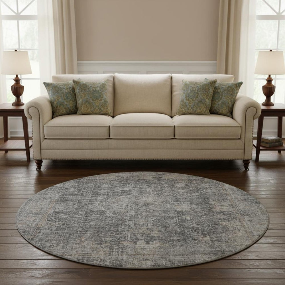 HomeRoots 8' Charcoal Gray Floral Medallion Washable Round Rug with UV Protection for Stylish Living Spaces 696443
