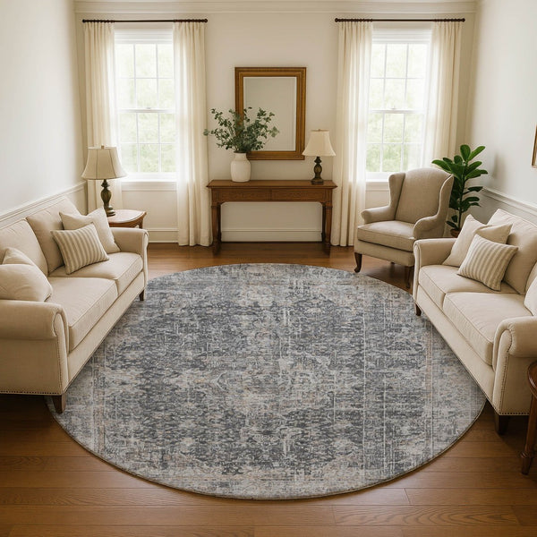 HomeRoots 8' Charcoal Gray Floral Medallion Washable Round Rug with UV Protection for Stylish Living Spaces 696443