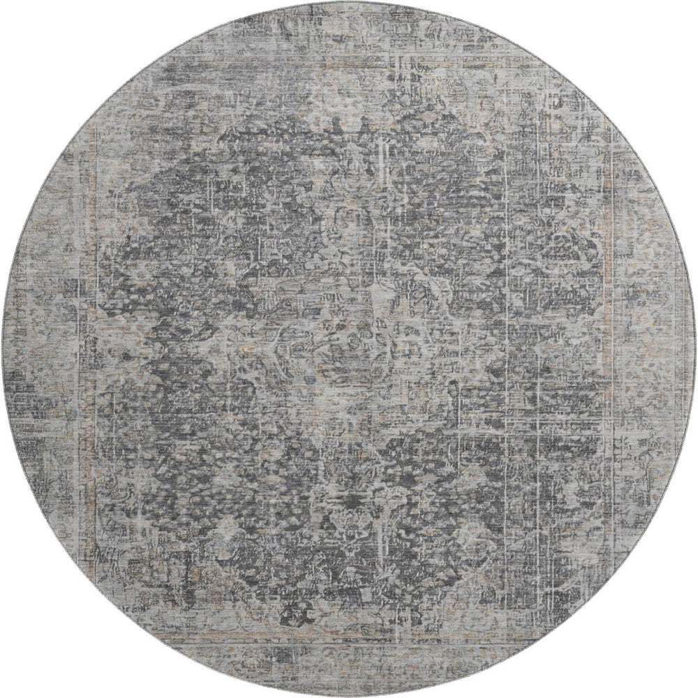 HomeRoots 8' Charcoal Gray Floral Medallion Washable Round Rug with UV Protection for Stylish Living Spaces 696443