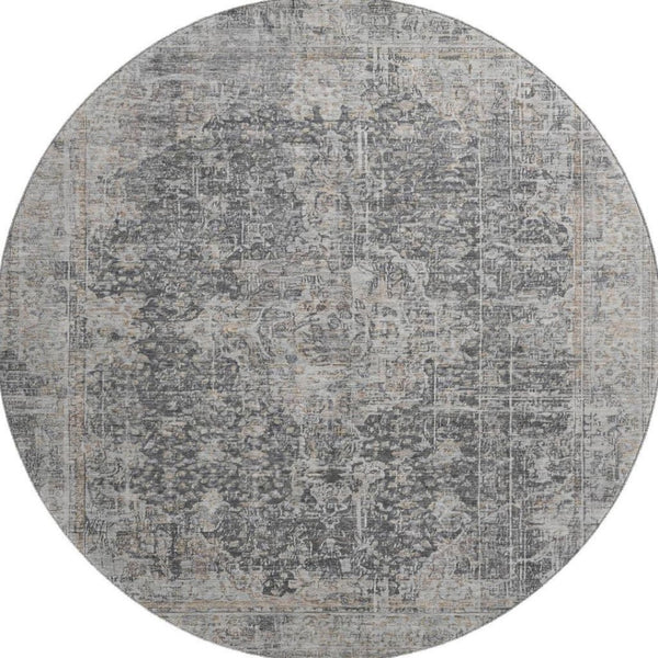 HomeRoots 8' Charcoal Gray Floral Medallion Washable Round Rug with UV Protection for Stylish Living Spaces 696443