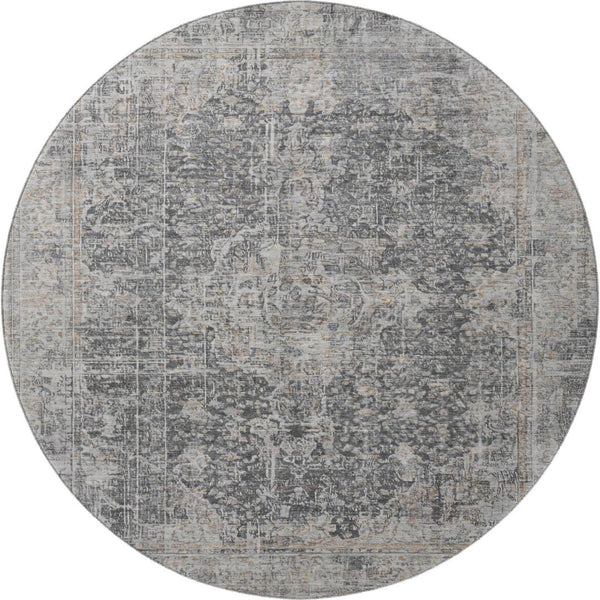 HomeRoots 8' Charcoal Gray Floral Medallion Washable Round Rug with UV Protection for Stylish Living Spaces 696443