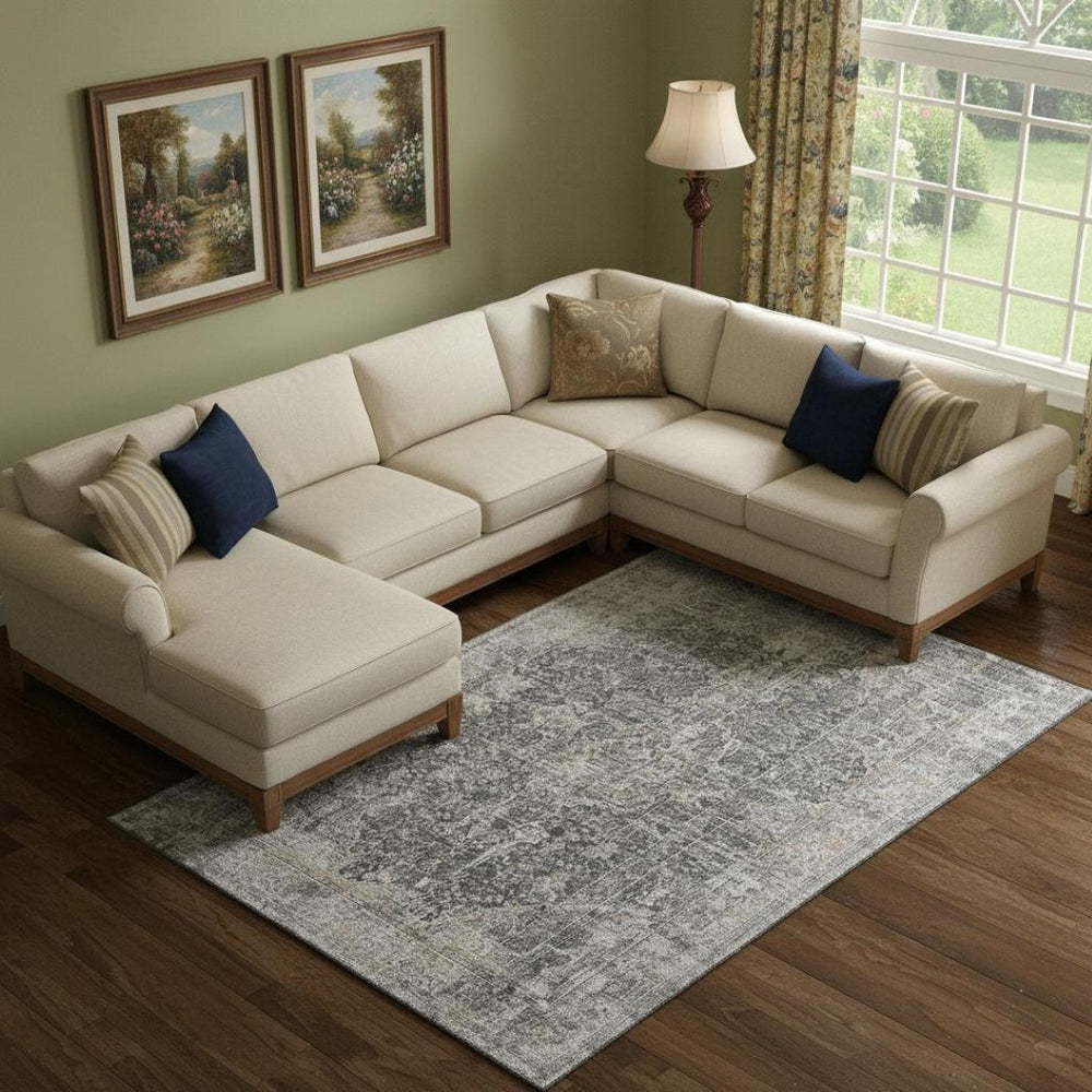 HomeRoots 9' X 12' Charcoal Gray & Silver Floral Medallion Area Rug - Washable, UV Protected & Durable Design 696445