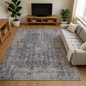 HomeRoots 9' X 12' Charcoal Gray & Silver Floral Medallion Area Rug - Washable, UV Protected & Durable Design 696445