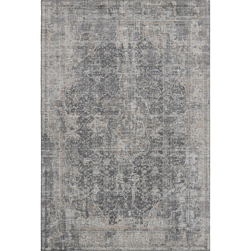 HomeRoots 9' X 12' Charcoal Gray & Silver Floral Medallion Area Rug - Washable, UV Protected & Durable Design 696445