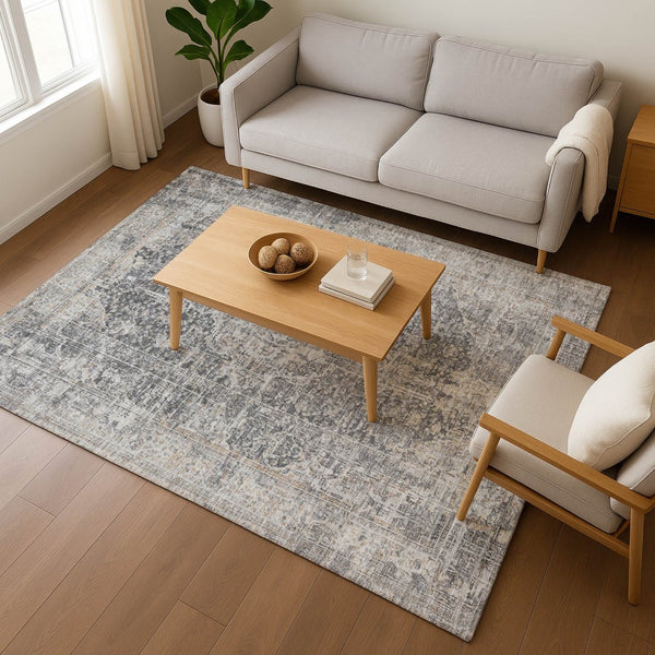 HomeRoots 9' X 12' Charcoal Gray & Silver Floral Medallion Area Rug - Washable, UV Protected & Durable Design 696445