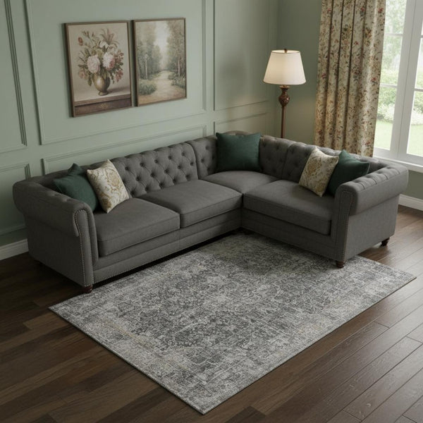 HomeRoots 10' Charcoal Gray & Silver Floral Medallion Area Rug – Washable, Stain Resistant, UV Protected Elegance 696446