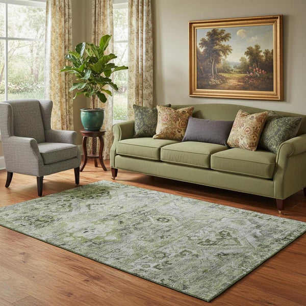 HomeRoots 5' X 8' Elegant Floral Artichoke Green Gray Charcoal Washable Area Rug with UV Protection Features 696448