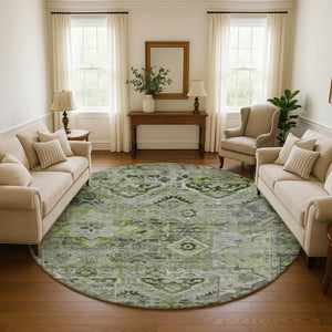 HomeRoots 8' Washable Round Area Rug in Artichoke Green & Gray Floral Design with UV Protection & Durability 696449