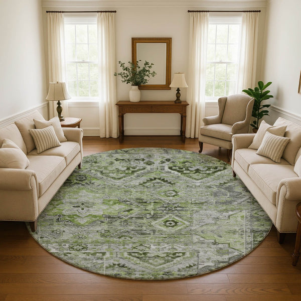 HomeRoots 8' Washable Round Area Rug in Artichoke Green & Gray Floral Design with UV Protection & Durability 696449