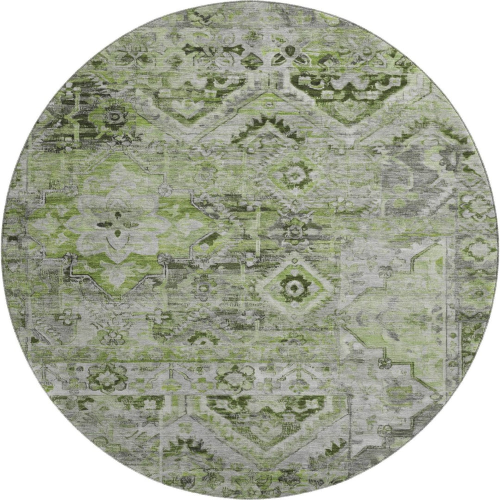 HomeRoots 8' Washable Round Area Rug in Artichoke Green & Gray Floral Design with UV Protection & Durability 696449