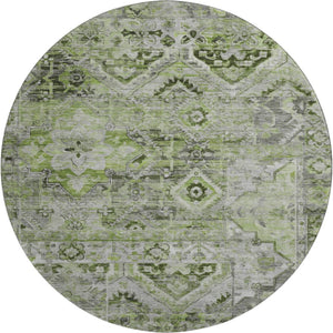 HomeRoots 8' Washable Round Area Rug in Artichoke Green & Gray Floral Design with UV Protection & Durability 696449