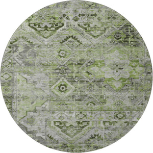 HomeRoots 8' Washable Round Area Rug in Artichoke Green & Gray Floral Design with UV Protection & Durability 696449