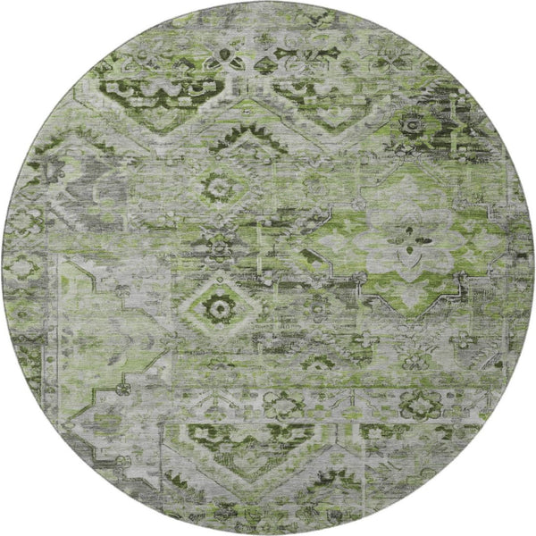 HomeRoots 8' Washable Round Area Rug in Artichoke Green & Gray Floral Design with UV Protection & Durability 696449