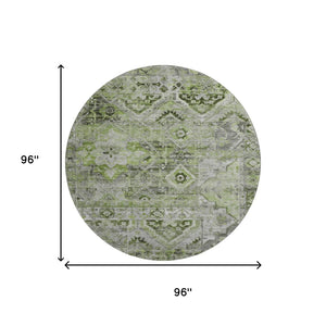 HomeRoots 8' Washable Round Area Rug in Artichoke Green & Gray Floral Design with UV Protection & Durability 696449